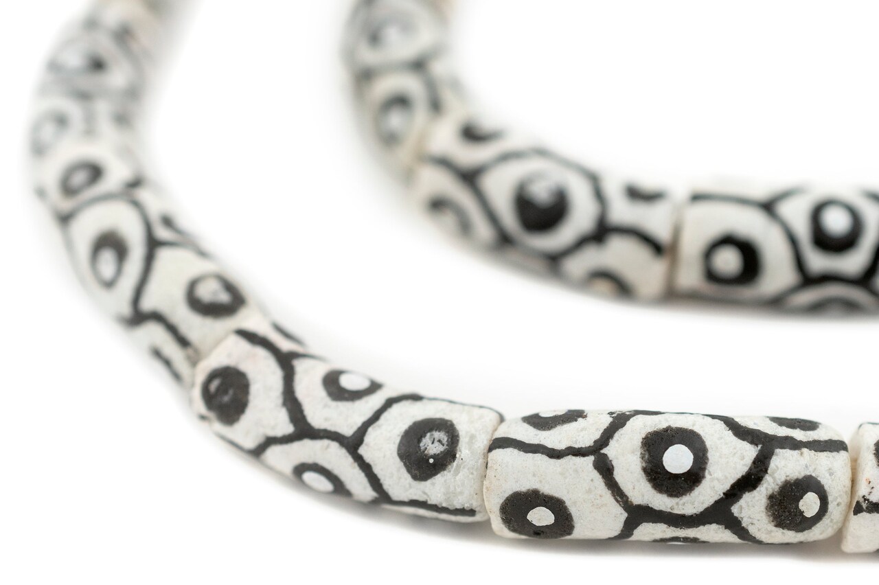 The Bead Chest Painted African Krobo Beads - Full Strand of Ghanaian Tribal Glass Beads for Necklace or Jewelry Making (Black & White)